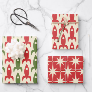 Space Age Retro Red Green Cream 50s Christmas Wrapping Paper Sheet