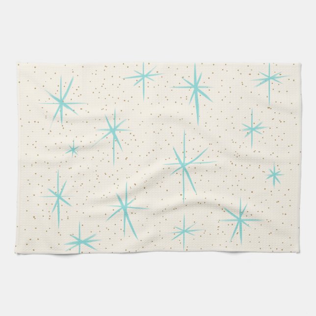 Space Age Turquoise Starbursts Kitchen Towel (Horizontal)