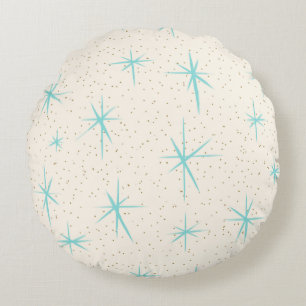 Space Age Turquoise Starbursts Round Pillow