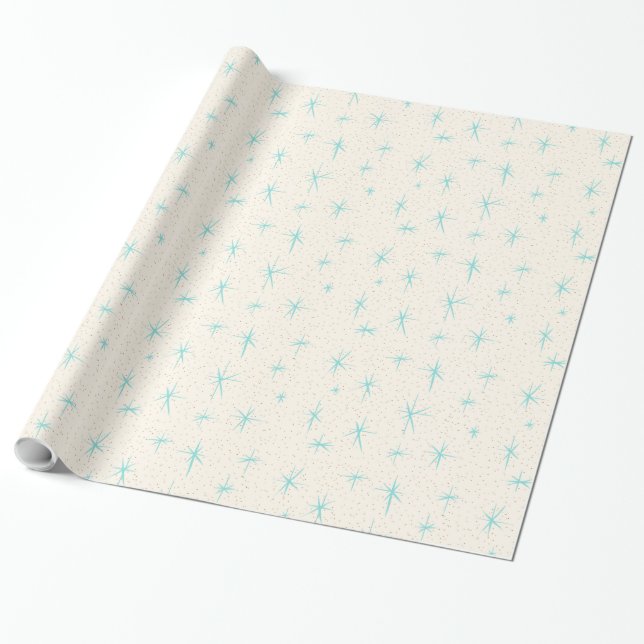 Space Age Turquoise Starbursts Wrapping Paper (Unrolled)