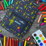 Space Aiens and Flying Saucers Sci-Fi Themed Printed Backpack<br><div class="desc">Create an out-of-this world personalised backpack. Illustrations of little green space aliens,  flying saucer,  moons,  stars and planets are set against a navy blue background. The front pocket has a spot to add a name in light blue lettering.</div>