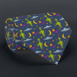 Space Aiens and Flying Saucers Sci-Fi Themed Tie<br><div class="desc">Add an out-of-this-world touch to any outfit with this patterned neck tie. Illustrations of little green space aliens, flying saucer, moons, stars and planets are set against a navy blue background. The reverse side has a coordinating pattern of yellow stars against a purple background.</div>