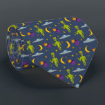 Space Aiens and Flying Saucers Sci-Fi Themed Tie<br><div class="desc">Add an out-of-this-world touch to any outfit with this patterned neck tie. Illustrations of little green space aliens, flying saucer, moons, stars and planets are set against a navy blue background. The reverse side has a coordinating pattern of yellow stars against a purple background.</div>