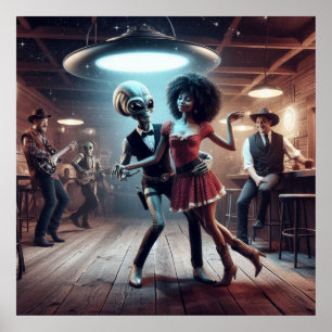 Space Alien Dancing, Cowgirl, Cowboys Watching ~ Poster