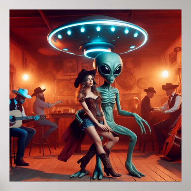 Space Alien Dancing with Cowgirl = Cowboys Watchin Poster (Front)