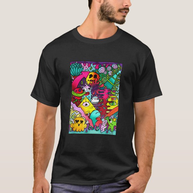 Space Alien Doodle Art Cute Comic Monster Illumina T-Shirt (Front)