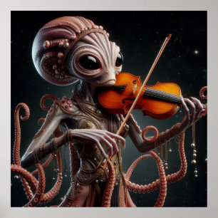 Space Alien Femail Octopus Playing Violin  Poster