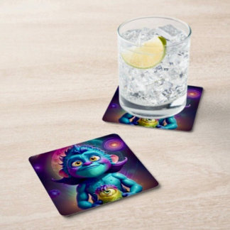Space Alien & Friend  Square Paper Coaster