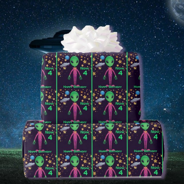 Space Alien Happy Birthday NAME AGE Cute Wrapping  Paper (Creator Uploaded)