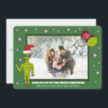 Space Alien in a Santa Hat Christmas Photo Announcement<br><div class="desc">Send some out-of-this-world Christmas greetings their way with this photo Christmas card. An illustration of a lime green alien in a Santa hat and some ornaments that look like Christmas balls accent your snapshot. Add your own custom greeting as well as a personalised from message.</div>