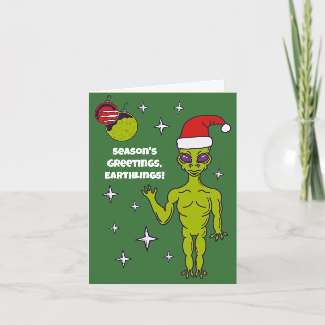 Space Alien in a Santa Hat Personalised Christmas Card (Front)