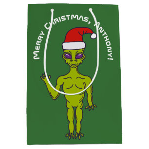 Space Alien in a Santa Hat Personalized Christmas Medium Gift Bag