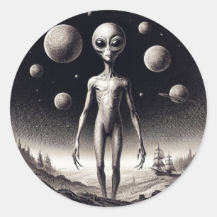 Space Alien in Science Fiction Illustration Classi Classic Round Sticker
