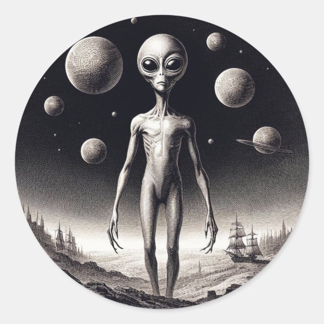 Space Alien in Science Fiction Illustration Classi Classic Round Sticker (Front)
