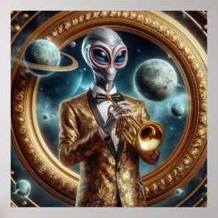 Space Alien Male Playing Trumpet Fancy Jacket Poster