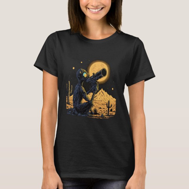 Space Alien Telescope Planets Astronomy Spaceman T-Shirt (Front)