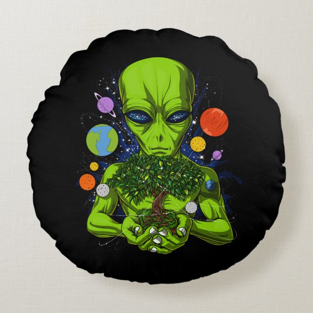 Space Alien Tree Of Life UFO Extraterrestrials Round Cushion (Front)