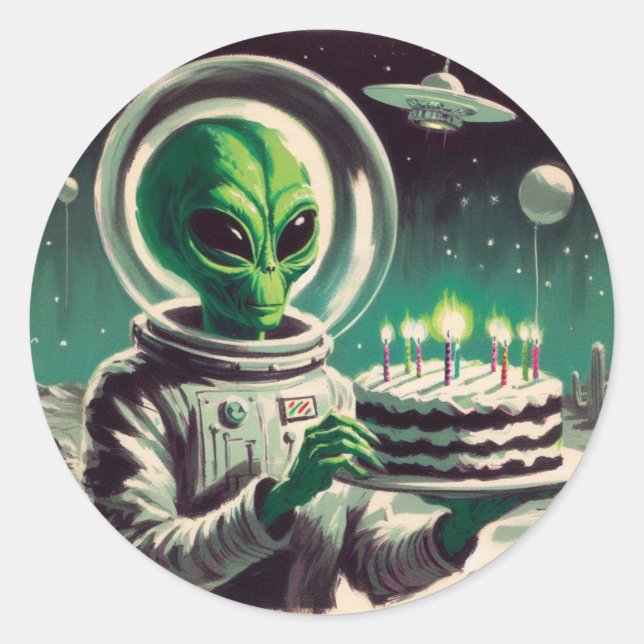 Space Alien with Birthday Cake UFO Flying Saucer  Classic Round Sticker (Front)