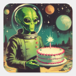 Space Alien with Birthday Cake UFO Flying Saucer  Square Sticker
