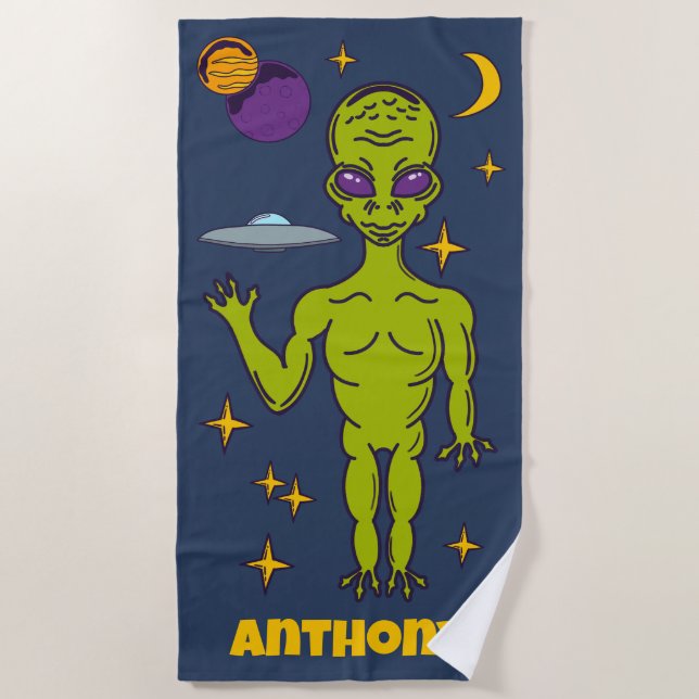 Space Alien with Flying Saucer Personalised Beach Towel (Front)