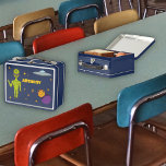 Space Alien with Flying Saucer Personalised Metal Lunch Box<br><div class="desc">Create an out-of-this-world personalised gift. This lunchbox features illustrations of a lime green space alien,  a ufo or flying saucer,  stars,  a moon and planets and is ready to be personalised with a name.</div>