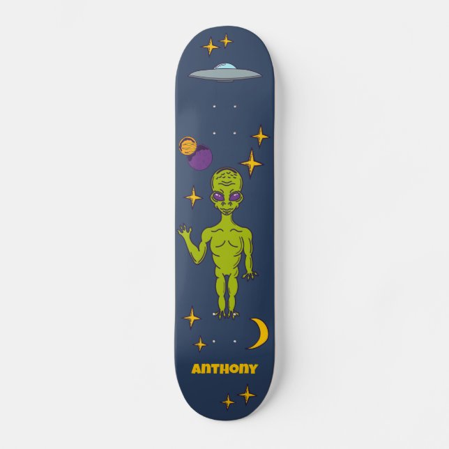 Space Alien with Flying Saucer Personalised Skateboard (Front)