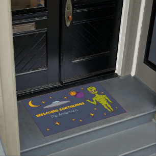 Space Alien with Flying Saucer Personalized Doormat