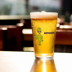Space Alien with Flying Saucer Personalized Glass
