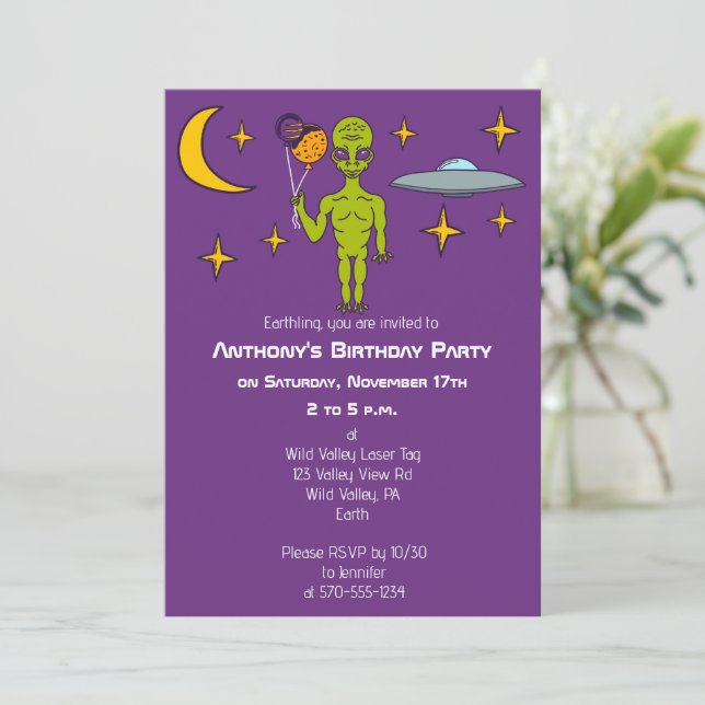 Space Alien with Planet Balloons Birthday Party Invitation (Standing Front)