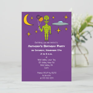 Space Alien with Planet Balloons Birthday Party Invitation