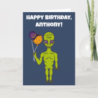 Space Alien with Planet Balloons Happy Birthday