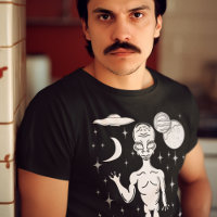 Space Alien with Planets, Stars and Flying Saucer