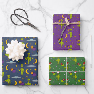 Space Aliens Sci-Fi Patterned Assortment Wrapping Paper Sheet