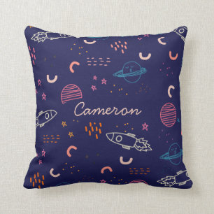 Space and Planets Doodle in Blue Personalized Cushion