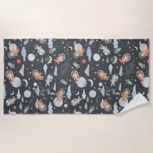 Space animals - dark steel blue texture beach towel
