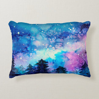 Space art at watercolor with night sky and trees decorative cushion