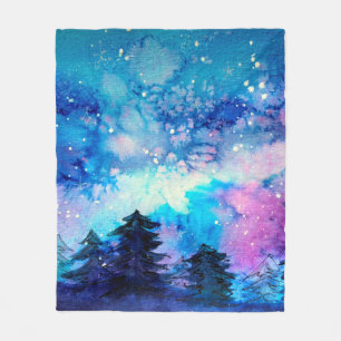 Space art at watercolor with night sky and trees fleece blanket