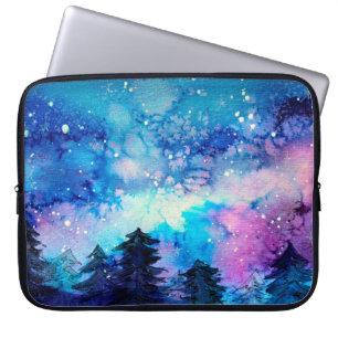 Space art at watercolor with night sky and trees laptop sleeve