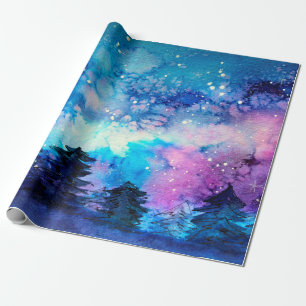 Space art at watercolor with night sky and trees wrapping paper