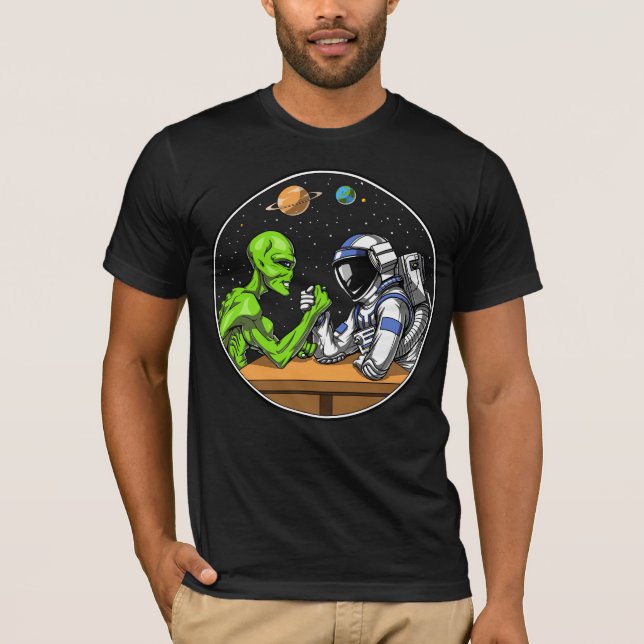 Space Astronaut Alien Arm Wrestling Funny Cosmic T-Shirt (Front)