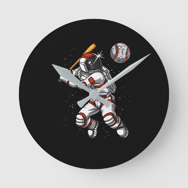 Space Astronaut Baseball Player Cosmic Planet Round Clock (Front)