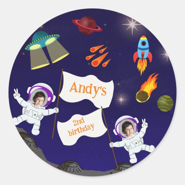 Space Astronaut Birthday Cartoon Classic Round Sticker (Front)