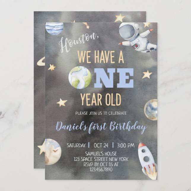 Space Astronaut Birthday One Year Invitation (Front/Back)