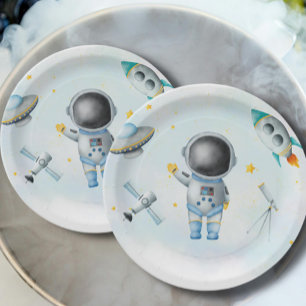 Space Astronaut Boy rockets ufo stars Baby Shower Paper Plate