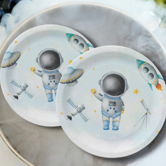 Space Astronaut Boy rockets ufo stars Baby Shower Paper Plate (Creator Uploaded)