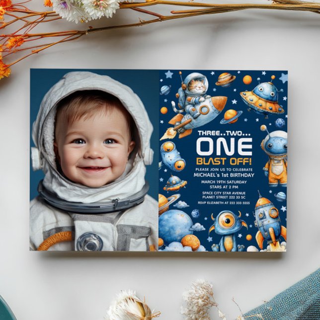 Space Astronaut Cat Blast Off 1st Birthday Photo Invitation (Creator Uploaded)