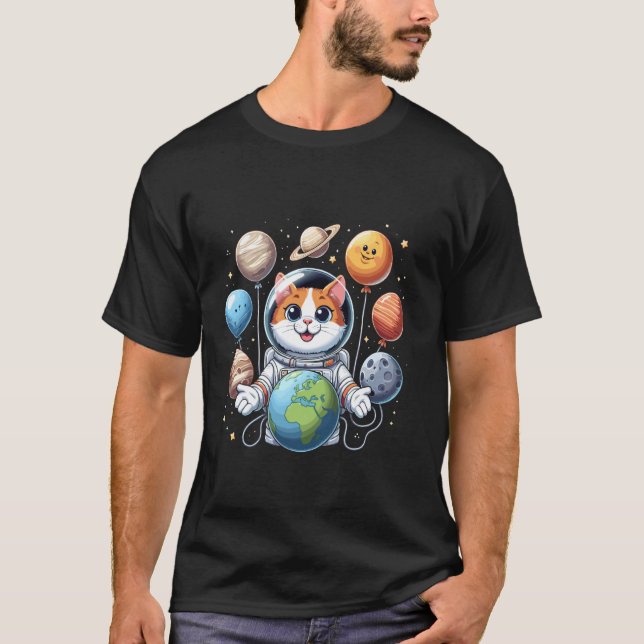 Space Astronaut Cat Solar System Planet Balloons K T-Shirt (Front)