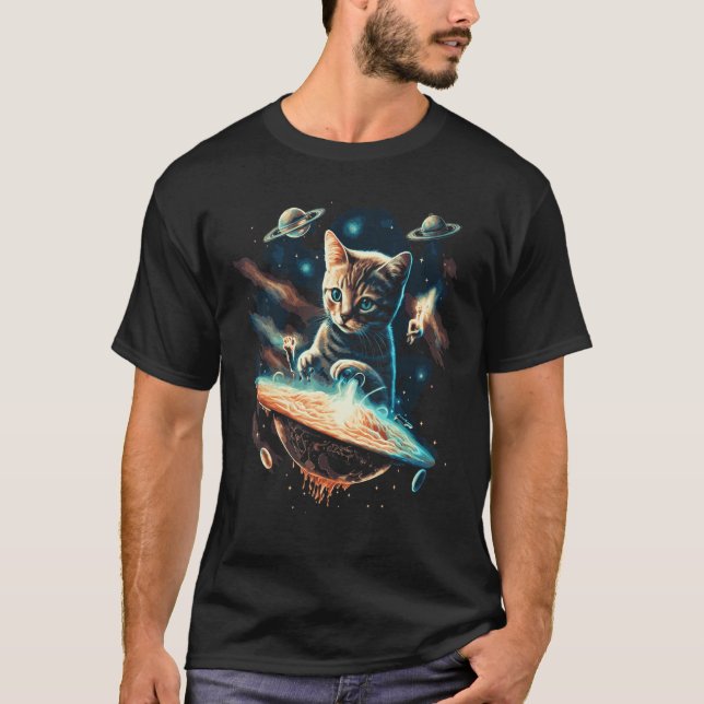 Space Astronaut Cat Ufo Planets Galaxy Kitty T-Shirt (Front)