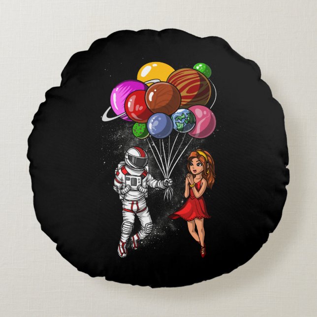 Space Astronaut Cute Couple Planets Balloons Round Cushion (Front)