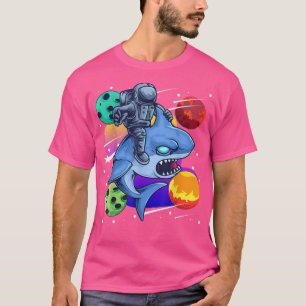 Space Astronaut Day Riding Shark Galaxy Planets St T-Shirt